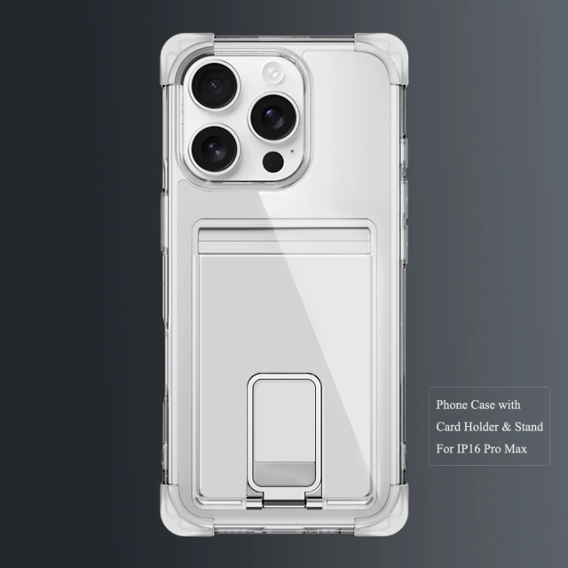 Four Corners Anti-fall Mobile Phone Case with Card Holder and Stand for iPhone 16,15,14,13,12 Series TPU and PC Phone Case