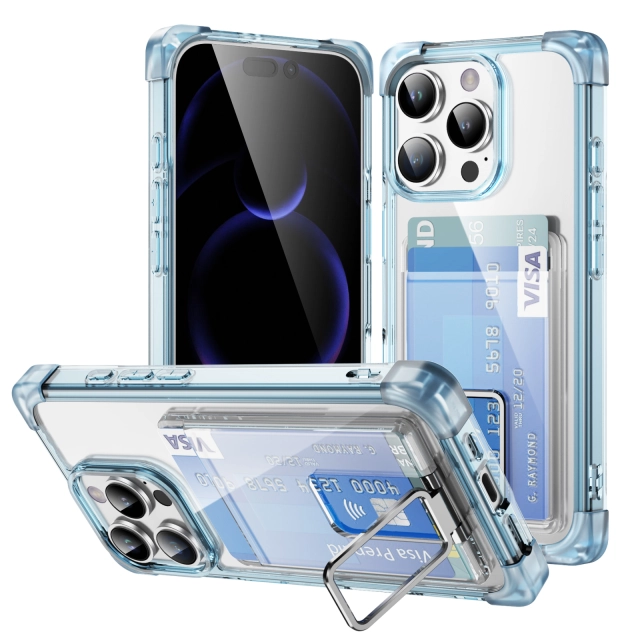 Four Corners Anti-fall Mobile Phone Case with Card Holder and Stand for iPhone 16,15,14,13,12 Series TPU and PC Phone Case