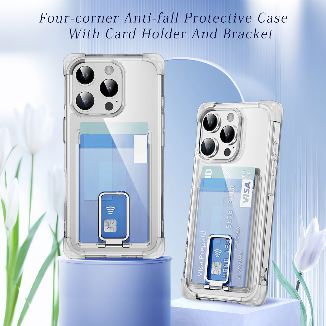 Four Corners Anti-fall Mobile Phone Case with Card Holder and Stand for iPhone 16,15,14,13,12 Series TPU and PC Phone Case