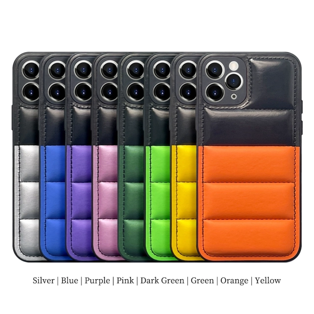 High Quality PU Leather Wave Pattern Cotton-filled Down Jacket Two Colors Phone Case for iPhone 16,15,12,11 Series