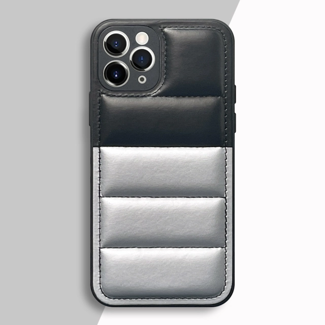 High Quality PU Leather Wave Pattern Cotton-filled Down Jacket Two Colors Phone Case for iPhone 16,15,12,11 Series