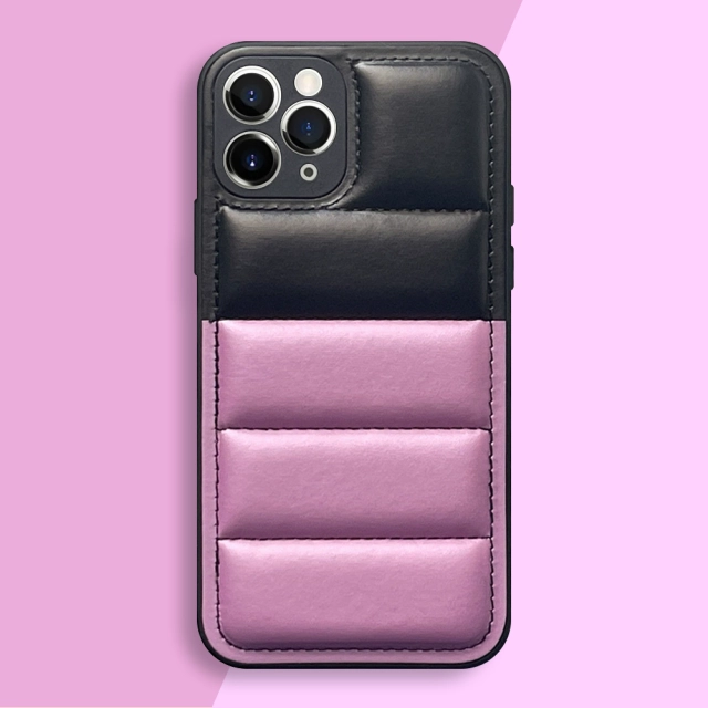 High Quality PU Leather Wave Pattern Cotton-filled Down Jacket Two Colors Phone Case for iPhone 16,15,12,11 Series