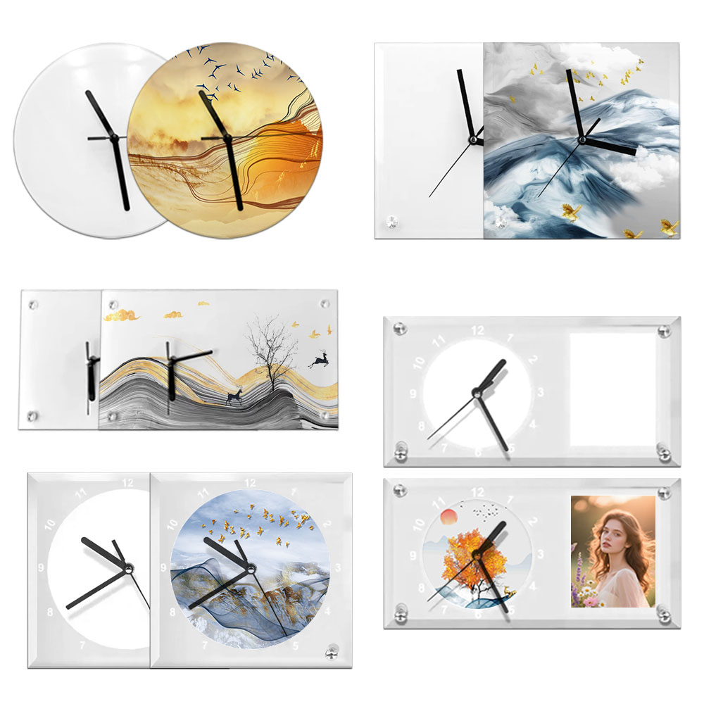 Customizable Sublimation Glass Clock Glass Photo Frame - Heat Transfer Printed Wall Clock / Desk Clock with Black Pointer Dual-Use with DIY Kits