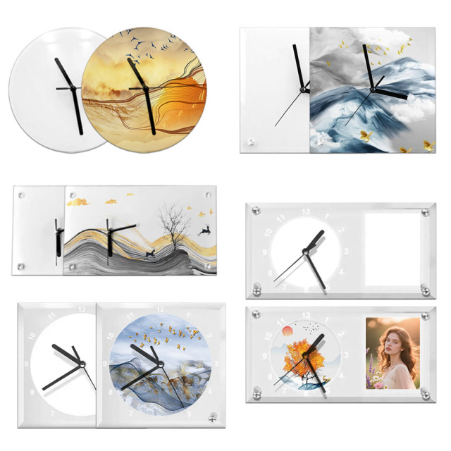 Customizable Sublimation Glass Clock Glass Photo Frame - Heat Transfer Printed Wall Clock / Desk Clock with Black Pointer Dual-Use with DIY Kits