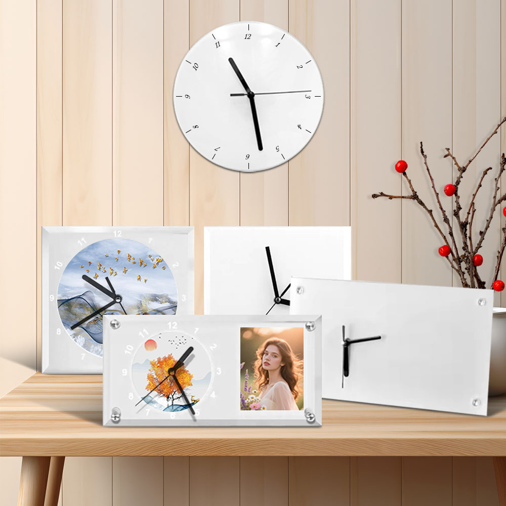 Customizable Sublimation Glass Clock Glass Photo Frame - Heat Transfer Printed Wall Clock / Desk Clock with Black Pointer Dual-Use with DIY Kits