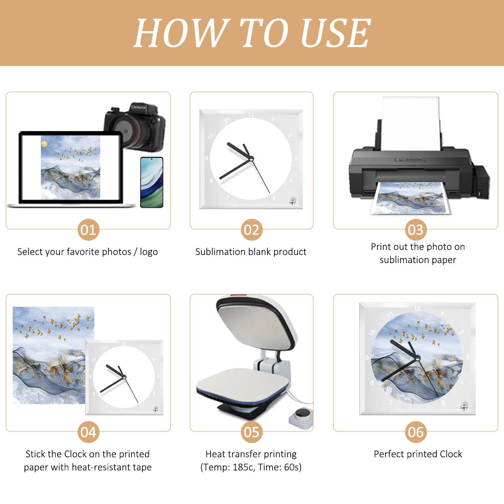 Customizable Sublimation Glass Clock Glass Photo Frame - Heat Transfer Printed Wall Clock / Desk Clock with Black Pointer Dual-Use with DIY Kits