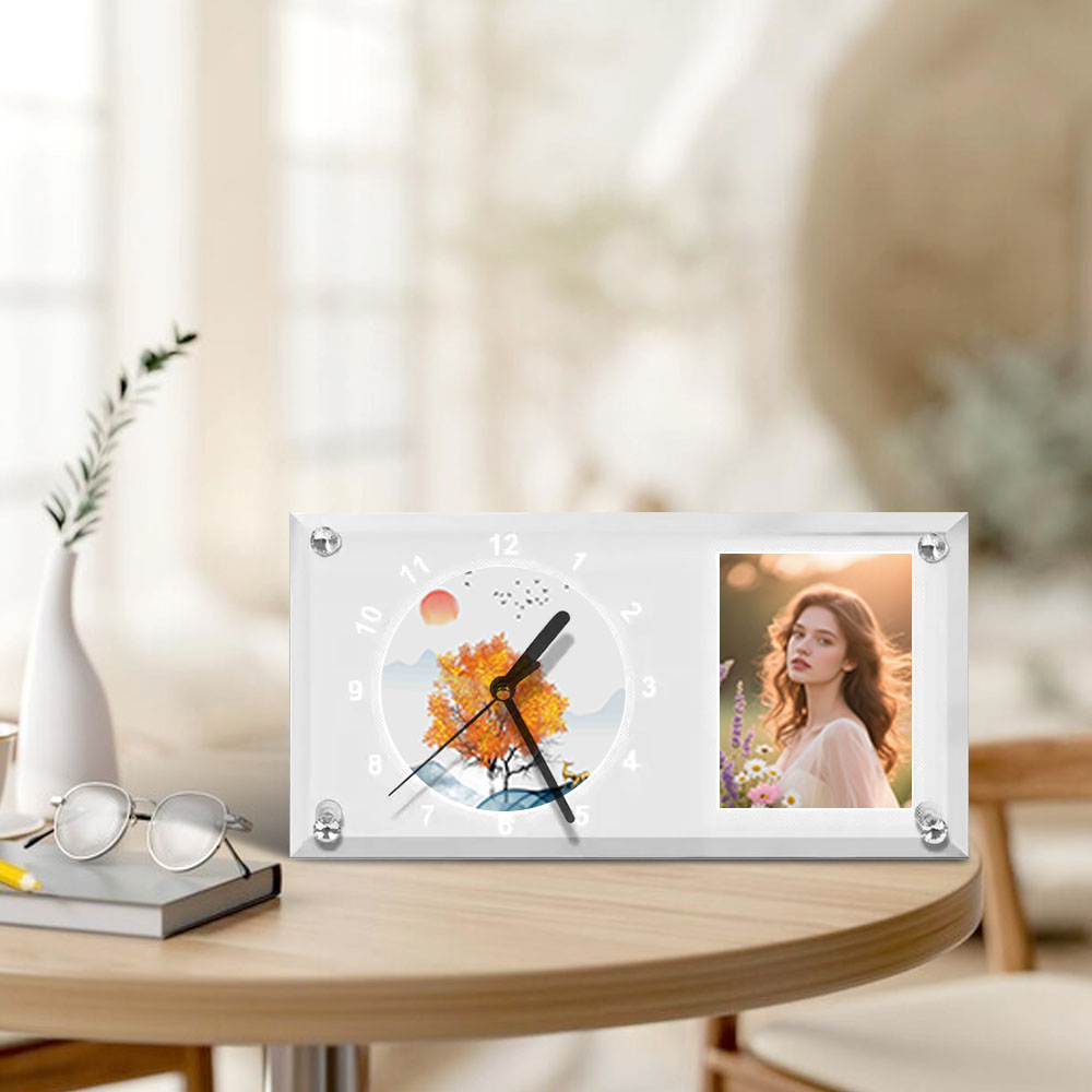 Customizable Sublimation Glass Clock Glass Photo Frame - Heat Transfer Printed Wall Clock / Desk Clock with Black Pointer Dual-Use with DIY Kits