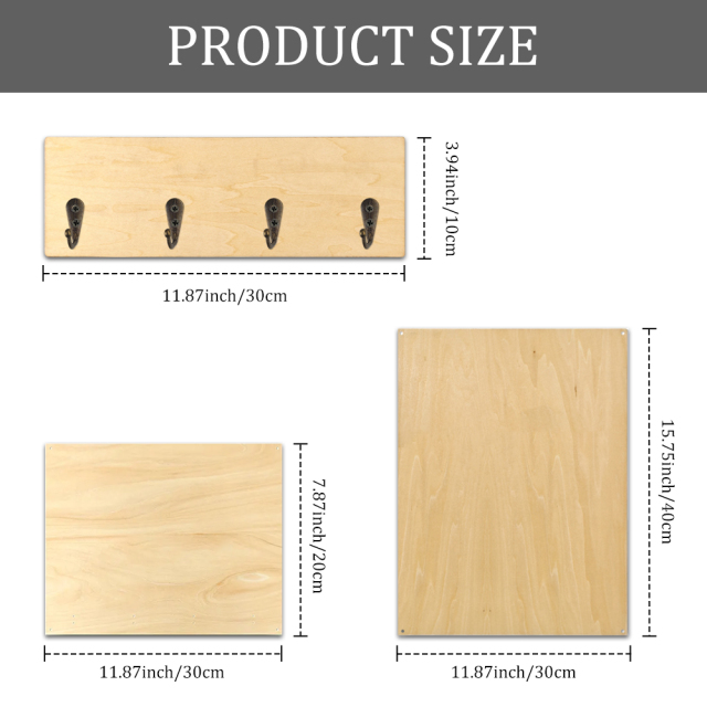 Sublimation Blank Wooden Key Rack with Hook Wood Key Holder with Hanging Hooks- Unique Key Shape & Regular Rectangle