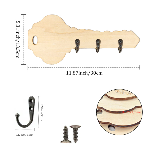 Sublimation Blank Wooden Key Rack with Hook Wood Key Holder with Hanging Hooks- Unique Key Shape & Regular Rectangle