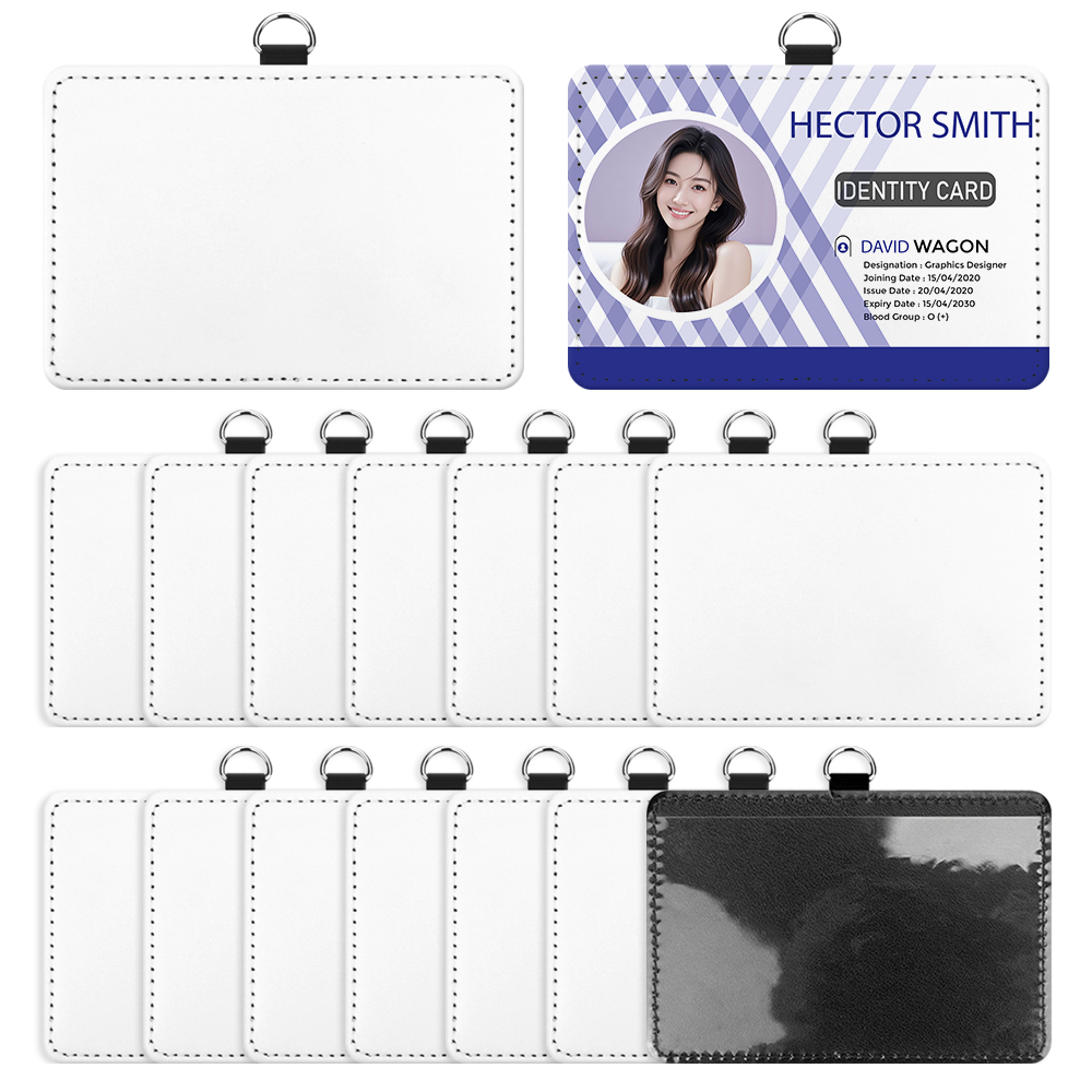 Sublimation PU Leather ID Card Holder Blank White Work Card DIY Name Card, White Canvas Front for Printing, Horizontal & Vertical Versions