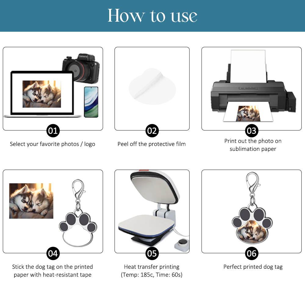 Sublimation Metal Keychain Pet Tags Single-sided Printing DIY Zinc Alloy Blank Colorful Dog Paw Dog Tag