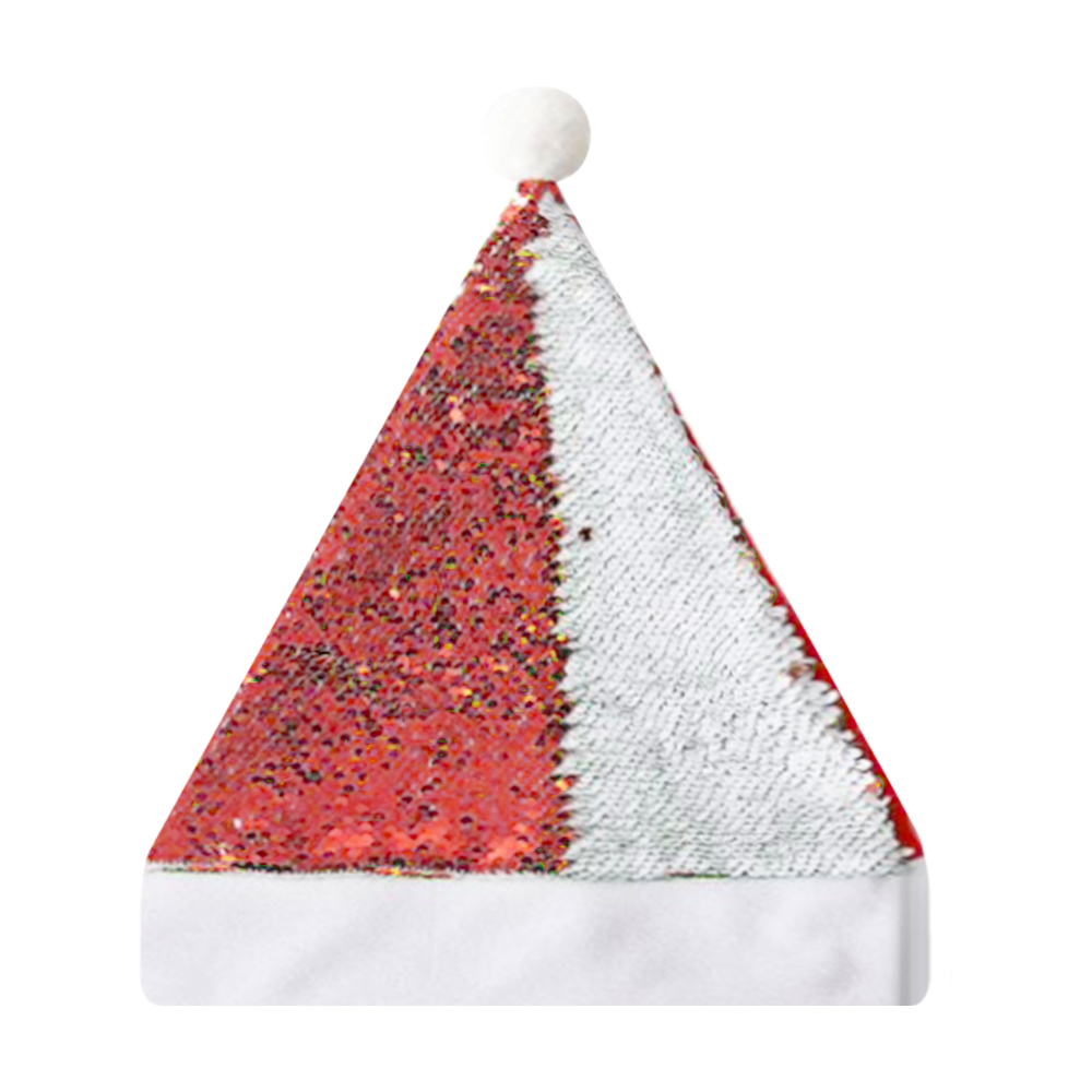 Sublimation Blank Sequin + Short Plush Christmas Hat, Reversible Sequins (Red/Green), Red Back, White Flannel Trim