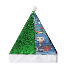 Sublimation Blank Sequin + Short Plush Christmas Hat, Reversible Sequins (Red/Green), Red Back, White Flannel Trim