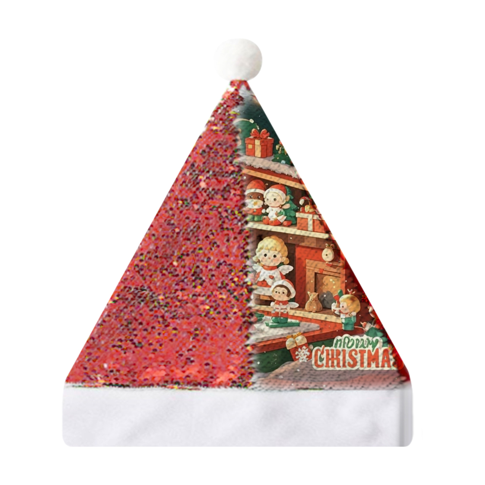 Sublimation Blank Sequin + Short Plush Christmas Hat, Reversible Sequins (Red/Green), Red Back, White Flannel Trim