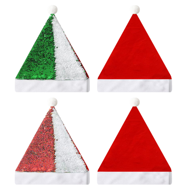 Sublimation Blank Sequin + Short Plush Christmas Hat, Reversible Sequins (Red/Green), Red Back, White Flannel Trim