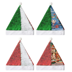 Sublimation Blank Sequin + Short Plush Christmas Hat, Reversible Sequins (Red/Green), Red Back, White Flannel Trim