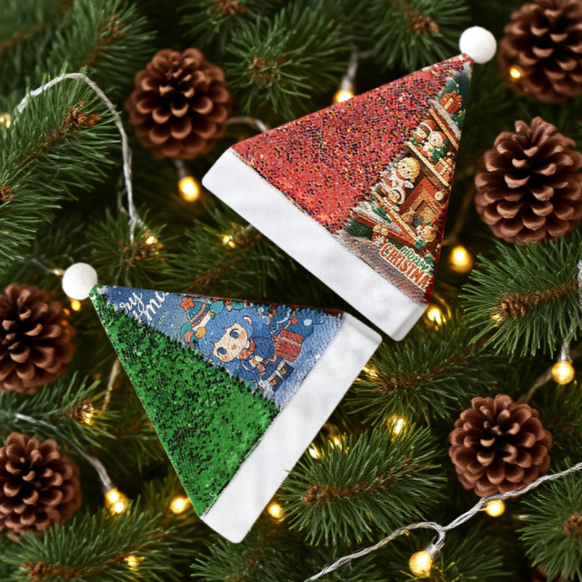 Sublimation Blank Sequin + Short Plush Christmas Hat, Reversible Sequins (Red/Green), Red Back, White Flannel Trim