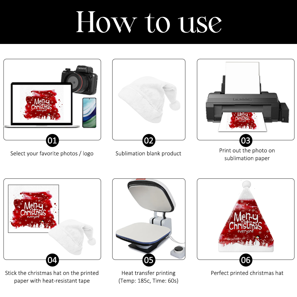 Sublimation Blank 300g Flannel Christmas Hat, White, 2 Sizes (Adult/Kid), Festive Holiday Headwear