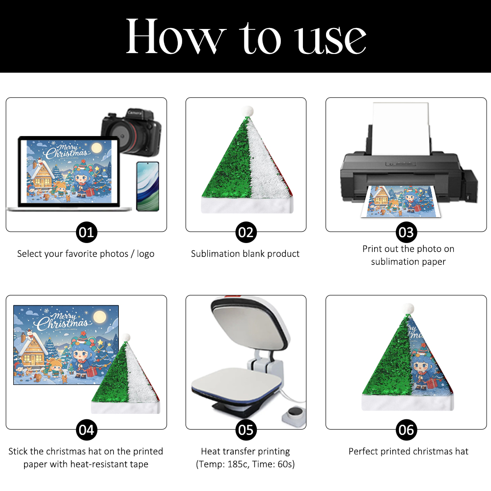 Sublimation Blank Sequin + Short Plush Christmas Hat, Reversible Sequins (Red/Green), Red Back, White Flannel Trim