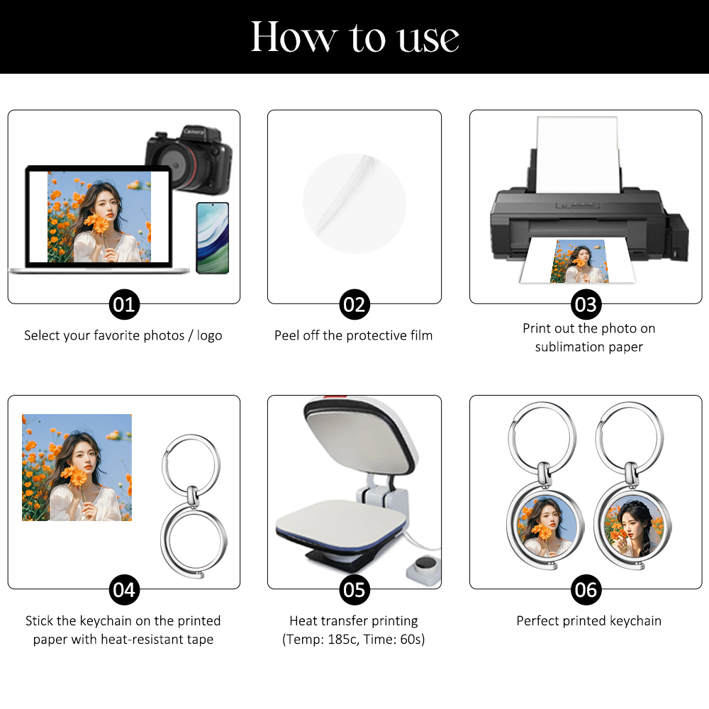 DIY Sublimation 360 Degrees Rotatable Keychain Blank Double-sided Printing Decoration Heat Press Metal Pendant Keychain Small Gift