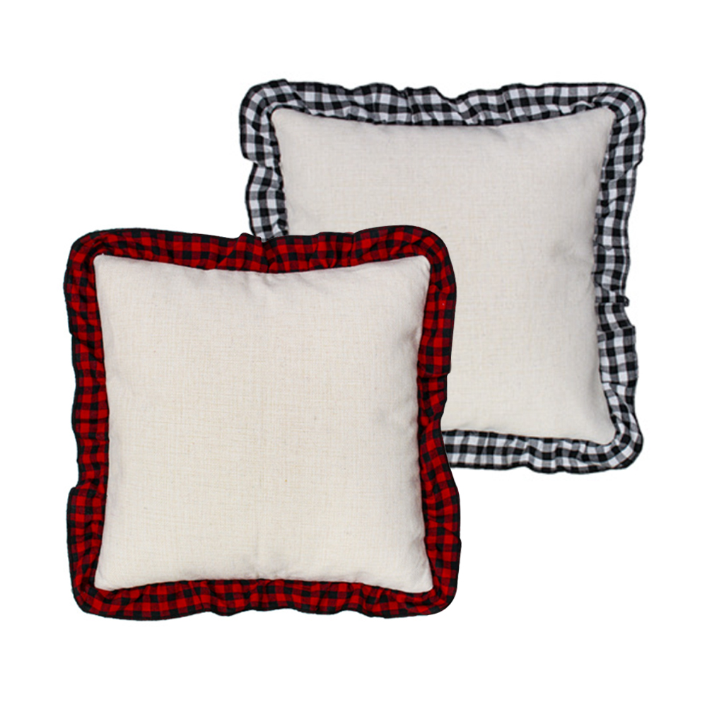Blank Sublimation Cotton Linen Pillowcase - Ruffled Edge Trim, Plaid Ruffles Pillow Case | Natural Cotton-Linen Center, Heat Transfer Printable Pillow Cover