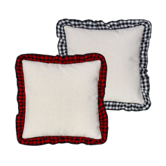 Blank Sublimation Cotton Linen Pillowcase - Ruffled Edge Trim, Plaid Ruffles Pillow Case | Natural Cotton-Linen Center, Heat Transfer Printable Pillow Cover