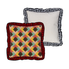 Blank Sublimation Cotton Linen Pillowcase - Ruffled Edge Trim, Plaid Ruffles Pillow Case | Natural Cotton-Linen Center, Heat Transfer Printable Pillow Cover