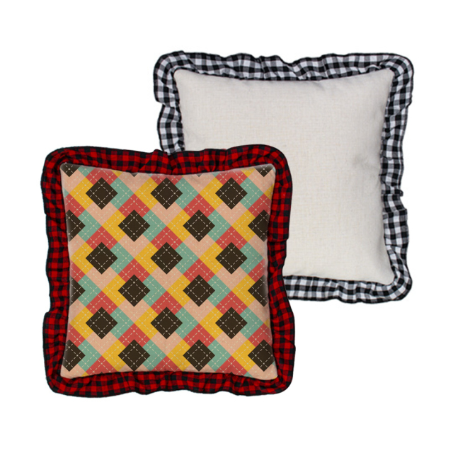 Blank Sublimation Cotton Linen Pillowcase - Ruffled Edge Trim, Plaid Ruffles Pillow Case | Natural Cotton-Linen Center, Heat Transfer Printable Pillow Cover