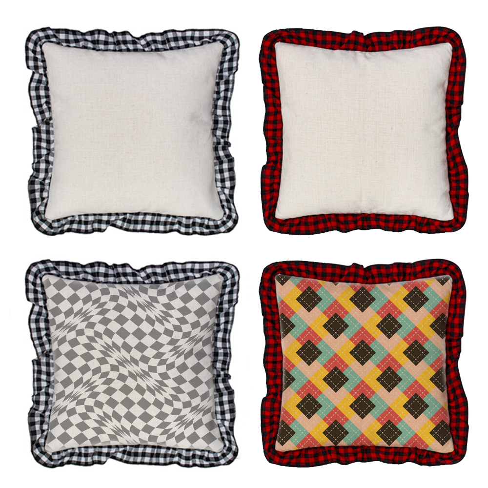 Blank Sublimation Cotton Linen Pillowcase - Ruffled Edge Trim, Plaid Ruffles Pillow Case | Natural Cotton-Linen Center, Heat Transfer Printable Pillow Cover