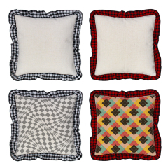 Blank Sublimation Cotton Linen Pillowcase - Ruffled Edge Trim, Plaid Ruffles Pillow Case | Natural Cotton-Linen Center, Heat Transfer Printable Pillow Cover