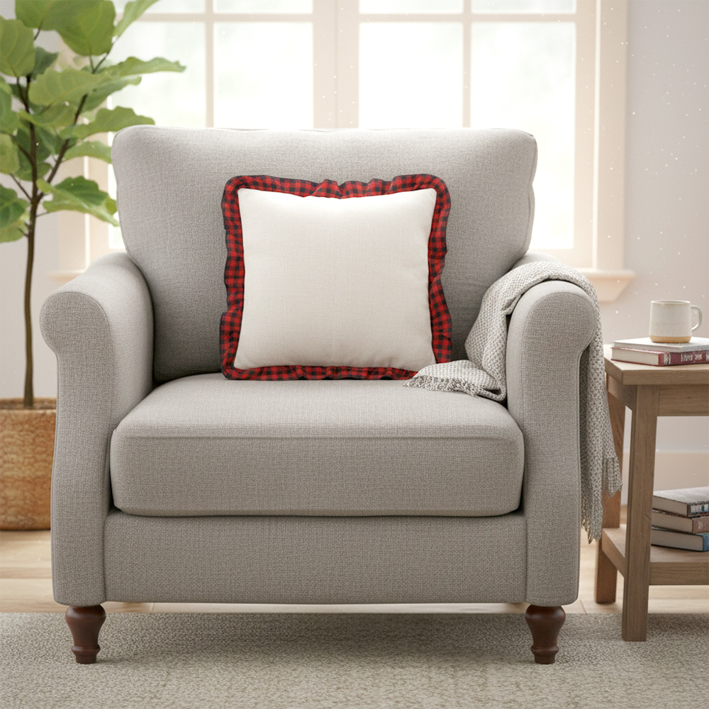 Blank Sublimation Cotton Linen Pillowcase - Ruffled Edge Trim, Plaid Ruffles Pillow Case | Natural Cotton-Linen Center, Heat Transfer Printable Pillow Cover