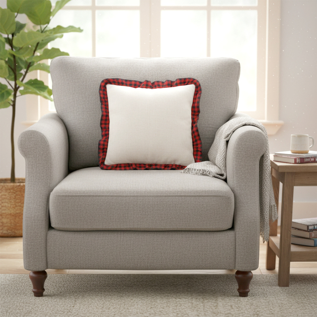 Blank Sublimation Cotton Linen Pillowcase - Ruffled Edge Trim, Plaid Ruffles Pillow Case | Natural Cotton-Linen Center, Heat Transfer Printable Pillow Cover