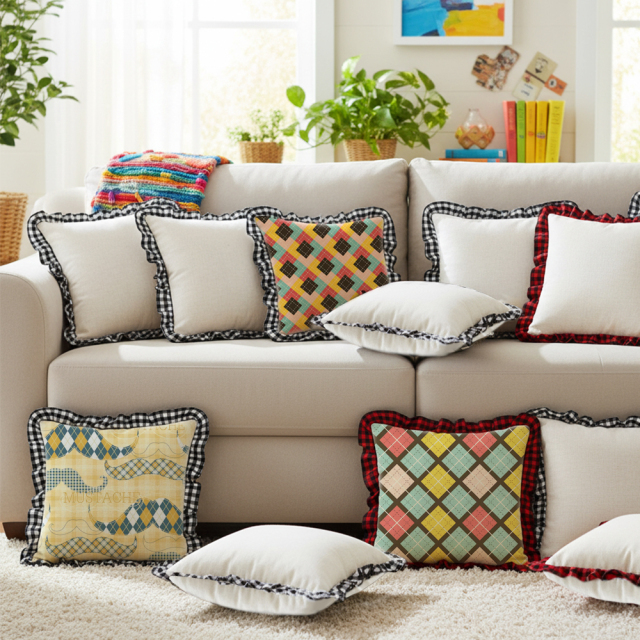 Blank Sublimation Cotton Linen Pillowcase - Ruffled Edge Trim, Plaid Ruffles Pillow Case | Natural Cotton-Linen Center, Heat Transfer Printable Pillow Cover