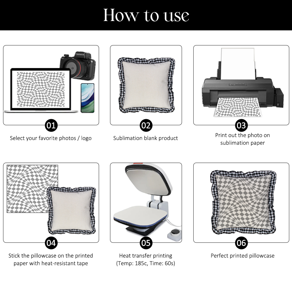 Blank Sublimation Cotton Linen Pillowcase - Ruffled Edge Trim, Plaid Ruffles Pillow Case | Natural Cotton-Linen Center, Heat Transfer Printable Pillow Cover