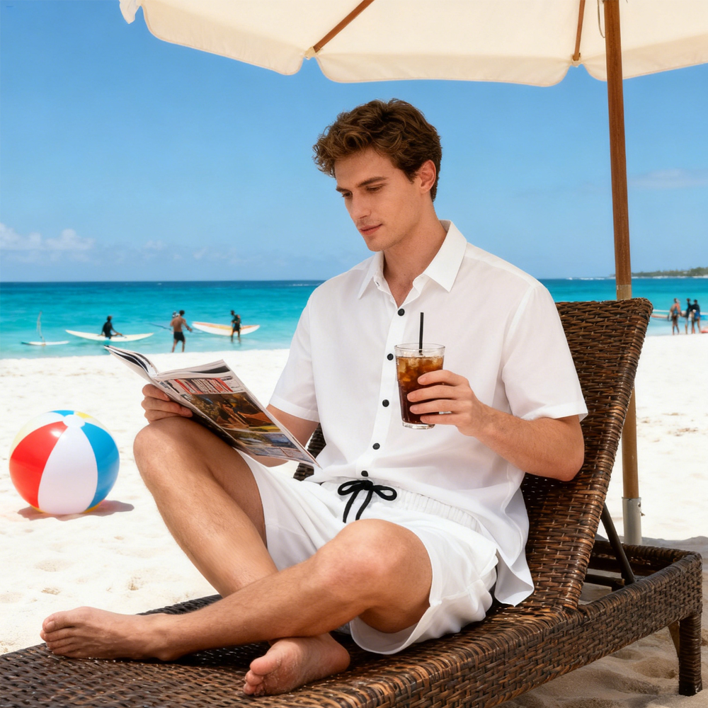 Blank Sublimation Hawaiian Short-Sleeve Shirt & Beach Shorts Set - 120g Four-Sided Bullet Fabric, Adjustable Drawstring Waist | Heat Transfer Printable Casual Outfit (XS-5XL)