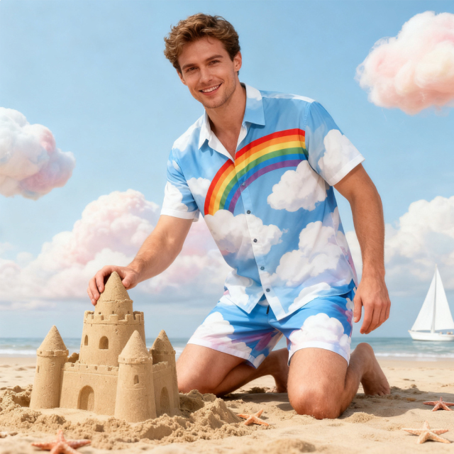 Blank Sublimation Hawaiian Short-Sleeve Shirt & Beach Shorts Set - 120g Four-Sided Bullet Fabric, Adjustable Drawstring Waist | Heat Transfer Printable Casual Outfit (XS-5XL)