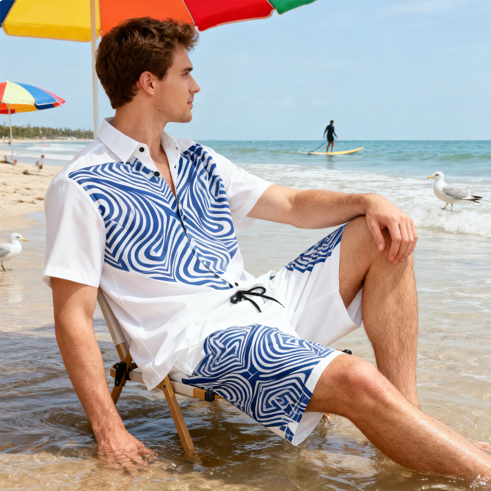 Blank Sublimation Hawaiian Short-Sleeve Shirt & Beach Shorts Set - 120g Four-Sided Bullet Fabric, Adjustable Drawstring Waist | Heat Transfer Printable Casual Outfit (XS-5XL)