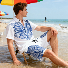 Blank Sublimation Hawaiian Short-Sleeve Shirt & Beach Shorts Set - 120g Four-Sided Bullet Fabric, Adjustable Drawstring Waist | Heat Transfer Printable Casual Outfit (XS-5XL)