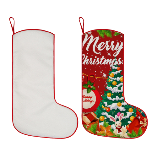 300g Linen Xmas Socks Sublimation Cotton Linen Christmas Stocking with Red Rim, Hemmed Edges, Tree Decoration & Kids' Gift Bag