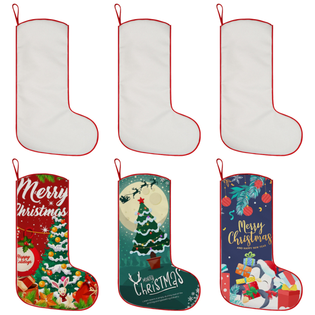 300g Linen Xmas Socks Sublimation Cotton Linen Christmas Stocking with Red Rim, Hemmed Edges, Tree Decoration & Kids' Gift Bag