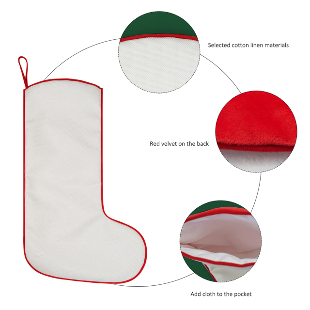 300g Linen Xmas Socks Sublimation Cotton Linen Christmas Stocking with Red Rim, Hemmed Edges, Tree Decoration & Kids' Gift Bag