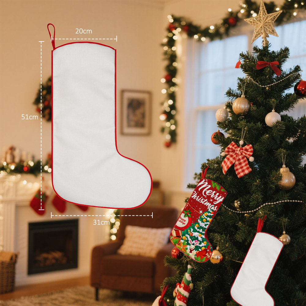 300g Linen Xmas Socks Sublimation Cotton Linen Christmas Stocking with Red Rim, Hemmed Edges, Tree Decoration & Kids' Gift Bag