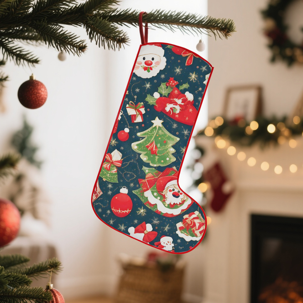 300g Linen Xmas Socks Sublimation Cotton Linen Christmas Stocking with Red Rim, Hemmed Edges, Tree Decoration & Kids' Gift Bag