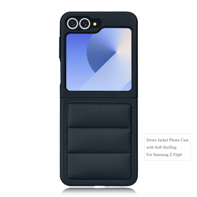 Black PU Wave-Patterned Jacket Phone Case - For Samsung Z Flip 6/5/4/3, Z Fold 6,5,4,3 Series, Quilted Down Jacket Style Phone Cover with Anti-Slip Side