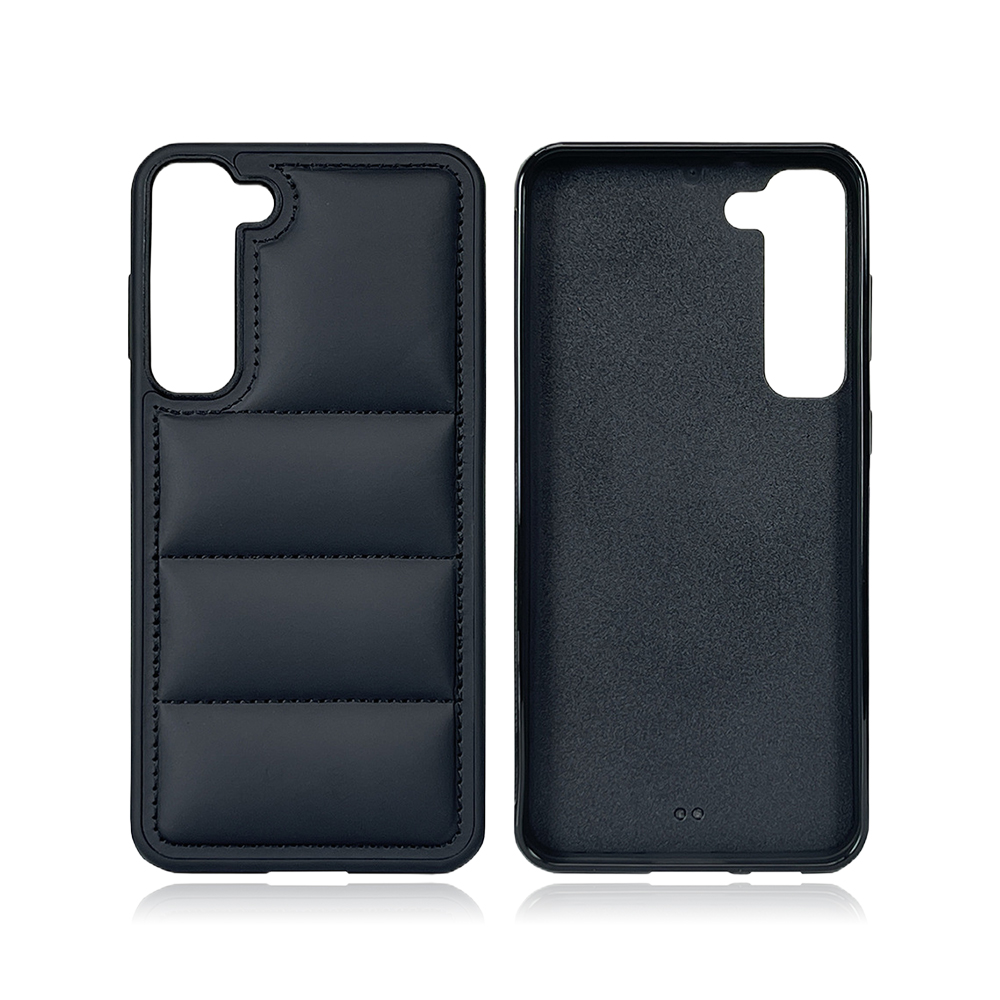 Black PU Wave-Patterned Jacket Phone Case - For Samsung S23, S24, S25 Series, Quilted Down Jacket Style Phone Cover with Anti-Slip Side