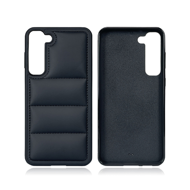 Black PU Wave-Patterned Jacket Phone Case - For Samsung S23, S24, S25 Series, Quilted Down Jacket Style Phone Cover with Anti-Slip Side