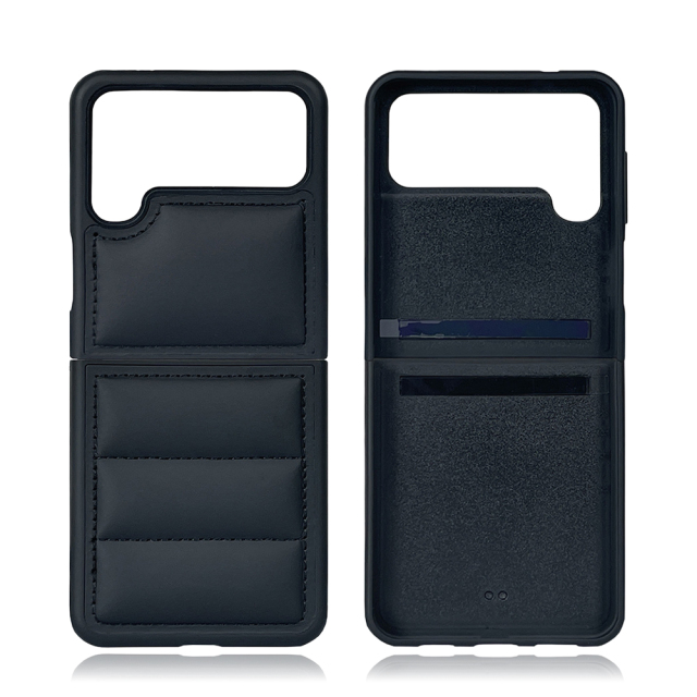 Black PU Wave-Patterned Jacket Phone Case - For Samsung Z Flip 6/5/4/3, Z Fold 6,5,4,3 Series, Quilted Down Jacket Style Phone Cover with Anti-Slip Side
