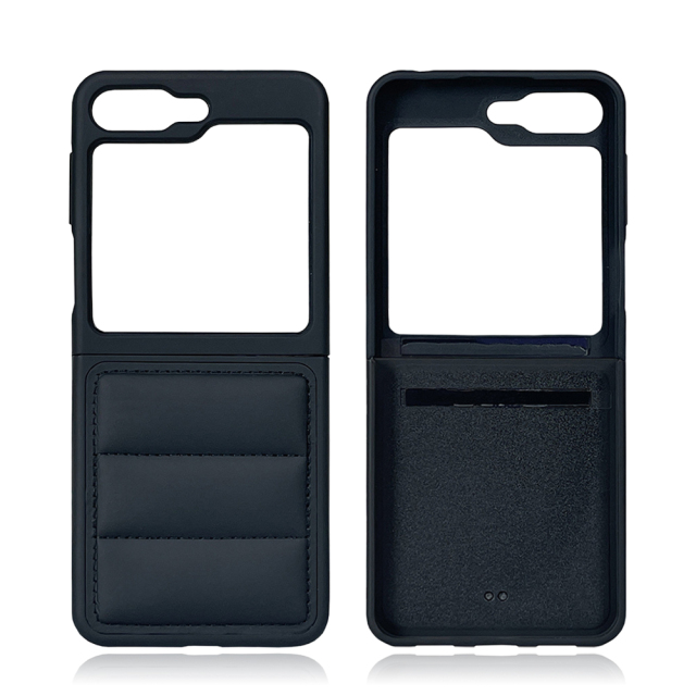 Black PU Wave-Patterned Jacket Phone Case - For Samsung Z Flip 6/5/4/3, Z Fold 6,5,4,3 Series, Quilted Down Jacket Style Phone Cover with Anti-Slip Side