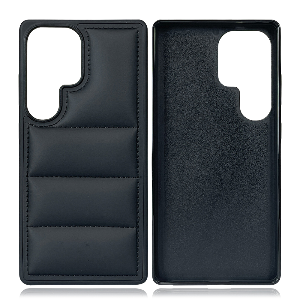 Black PU Wave-Patterned Jacket Phone Case - For Samsung S23, S24, S25 Series, Quilted Down Jacket Style Phone Cover with Anti-Slip Side