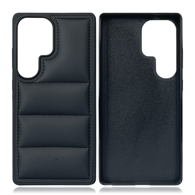 Black PU Wave-Patterned Jacket Phone Case - For Samsung S23, S24, S25 Series, Quilted Down Jacket Style Phone Cover with Anti-Slip Side